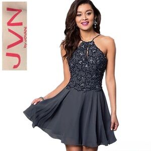 ✨ 🩶JVN by Jovani Embellished Halter A-Line Dress | Size 0 | Like New ✨